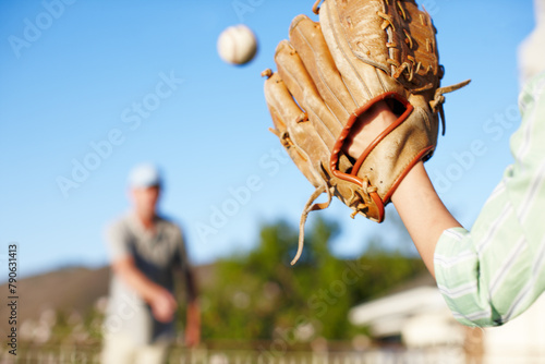 Photography Dad, boy and catch with baseball, teaching and training for love, bonding and games in summer