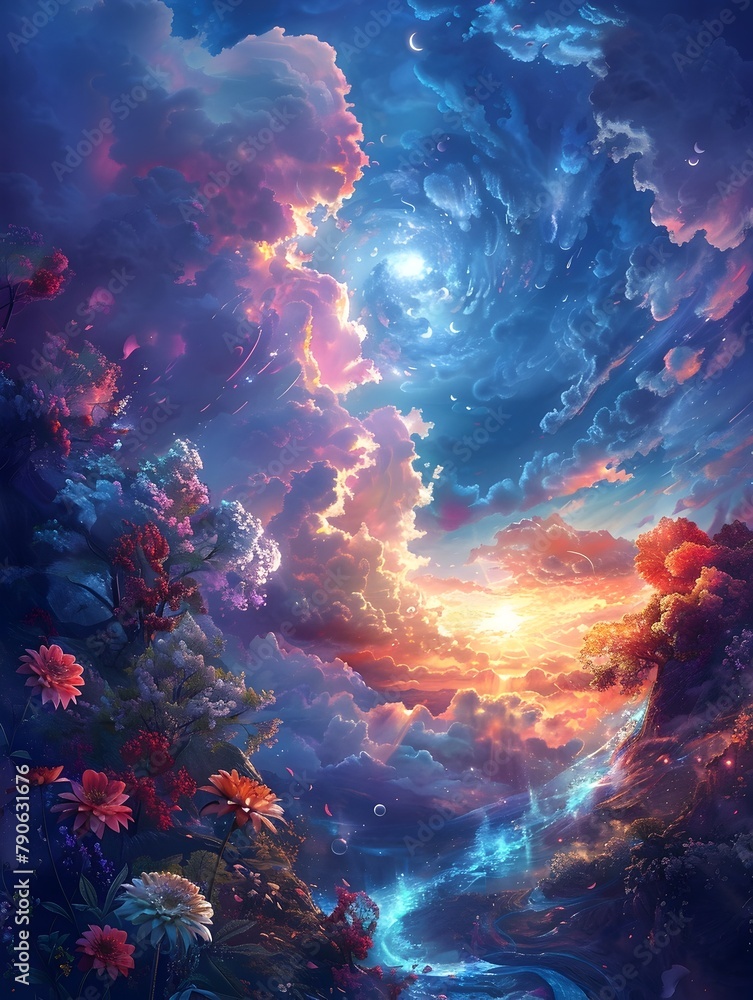 Radiant Suns Flaring Across an Ethereal Sky in a D Illustrated Paradise Radiant Suns Flaring Across an Ethereal Sky in a D Illustrated Paradise
