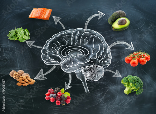 Healthy food for the brain and the mind - thought, creative concept. Fruit, vegetables, nuts, fats. Ai elements used in the creation of this image. 