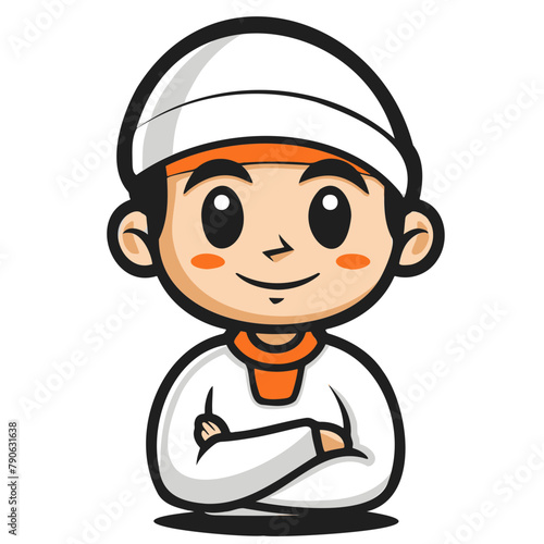 Minimalistic logo illustration of a muslim boy on a white background, cute and comical.