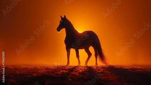 Stunning silhouette of a horse galloping at sunset across shimmering water © Vilayat