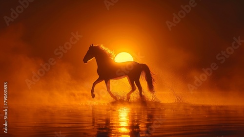Stunning silhouette of a horse galloping at sunset across shimmering water