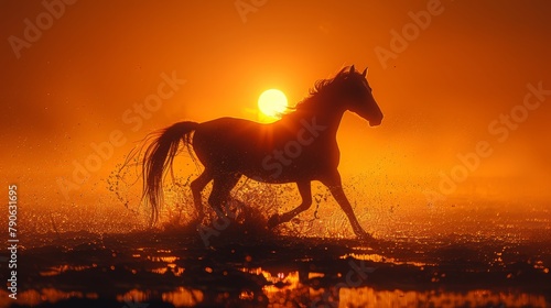 Stunning silhouette of a horse galloping at sunset across shimmering water