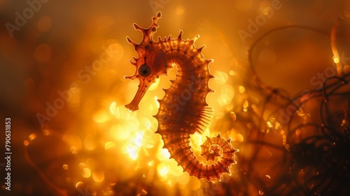 Stunning silhouette of a seahorse amidst glowing bubbles with a warm orange backdrop