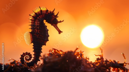 Stunning silhouette of a seahorse amidst glowing bubbles with a warm orange backdrop