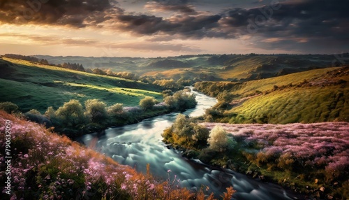 Fields of Flowers Along the Winding River