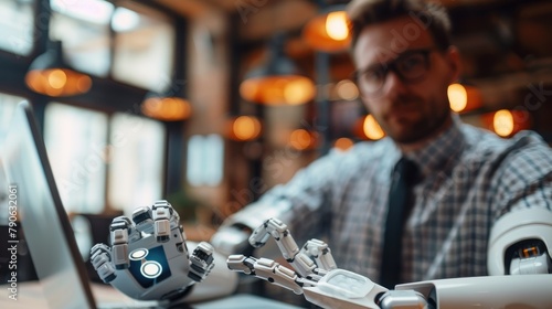 Portrait of young happy men with artificial hand working in the modern office with a laptop. Generative AI.