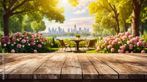 Painting of city skyline behind table and chairs set up in garden.