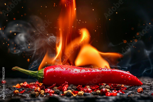Long thin red chili pepper is sitting on table in front of fire with sparks and embers flying around it.