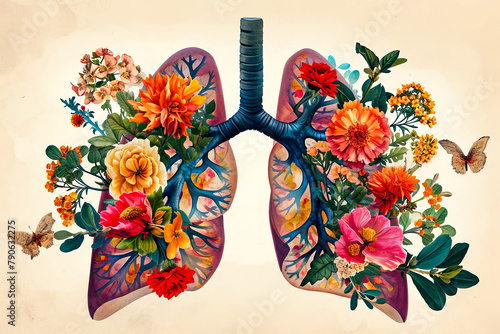 Image of lung inside body with flowers and trees surrounding it. photo