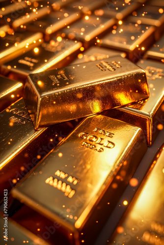 Bunch of gold bars are sitting on top of each other they are shiny and reflective.