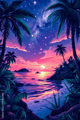 Piece of artwork depicts tropical scene with the sky lit up by the moon and stars.