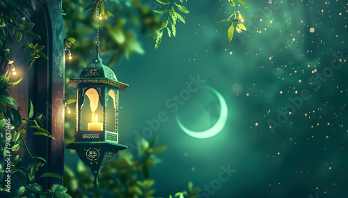 Eid Ul Adha mubarak greetings with islamic lantern moon wallpaper background , green color theme