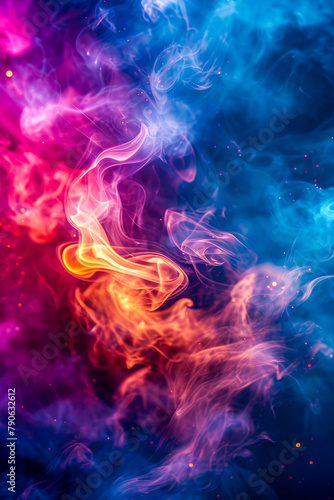 Colorful and smoke-filled room with purple blue yellow and pink colors.