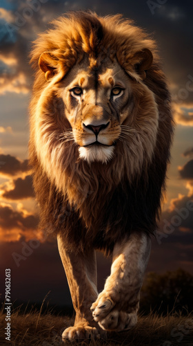 Lion with mane stands in front of cloudy sky.