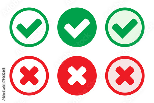 Right or wrong icons. Green tick and red cross checkmarks in circle flat icons. Yes or no symbol, approved or rejected icon for user interface.