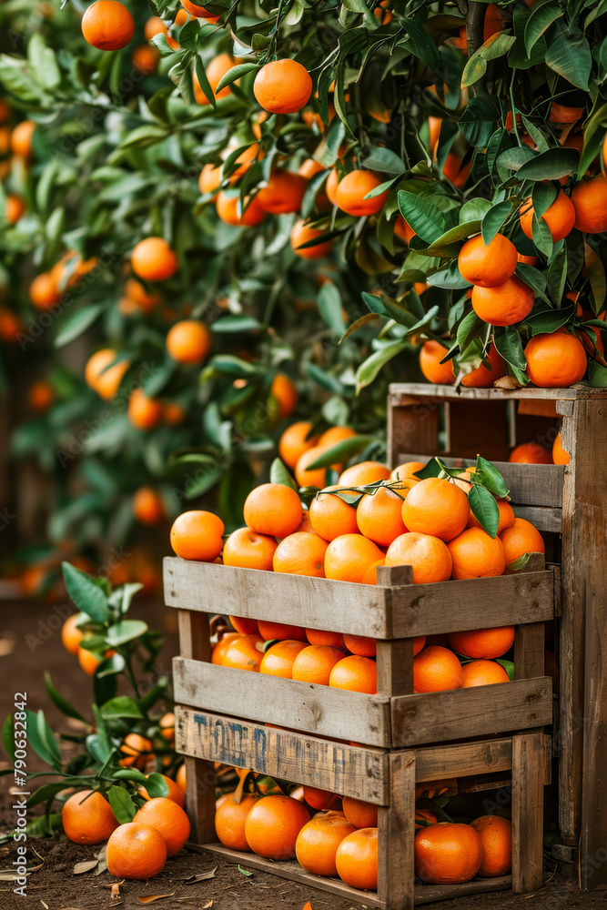 Crate full of oranges with sticker on the side that says 