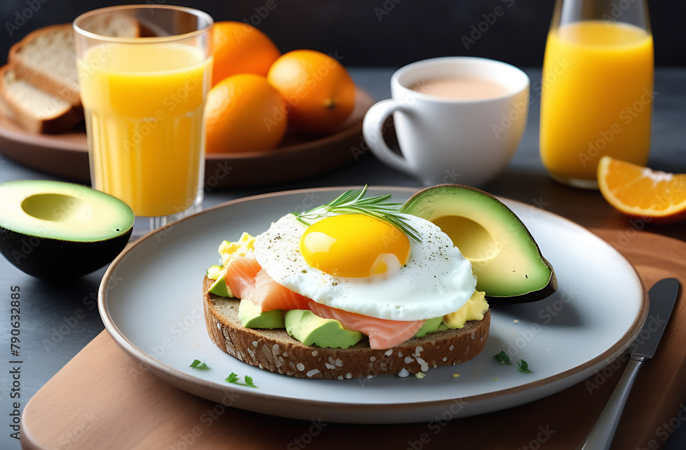 Fototapeta premium Healthy breakfast - scrambled eggs with avocado on a plate on a sunny summer morning and space to copy