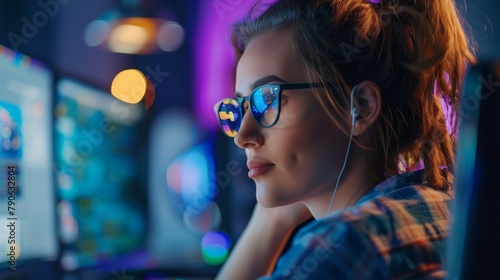 Mujer joven, ingeniero informático, trabajando delante del ordenador en una startup photo