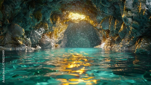 Mystical underwater cave with shimmering green and blue waters illuminated by natural light © Vilayat