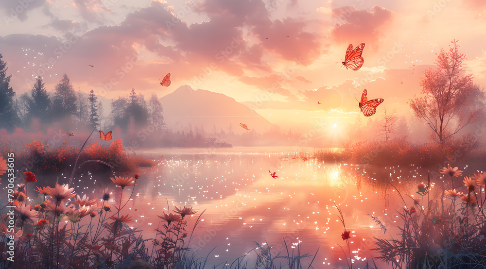 Tranquil Waters: Watercolor Dawn Reflection with Hovering Butterflies and Dewy Flora
