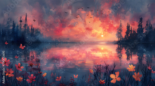 Dawn's Reflection: Watercolor Serene Lake with Morning Dew and Hovering Butterflies