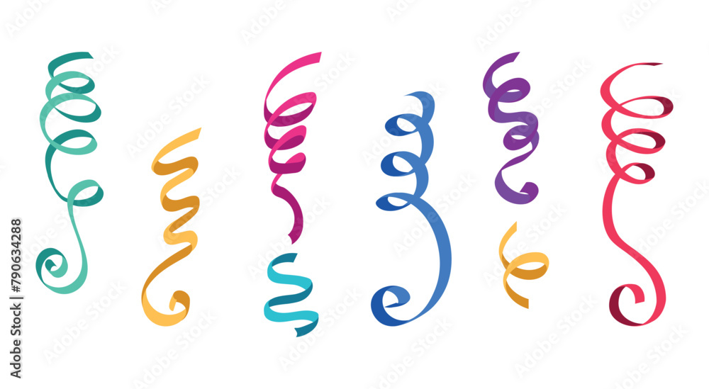Collection of spiral serpentine in flat style. Carnival ribbons for holiday decoration. Elements for congratulations. Festive design. New Year, anniversary, birthday.