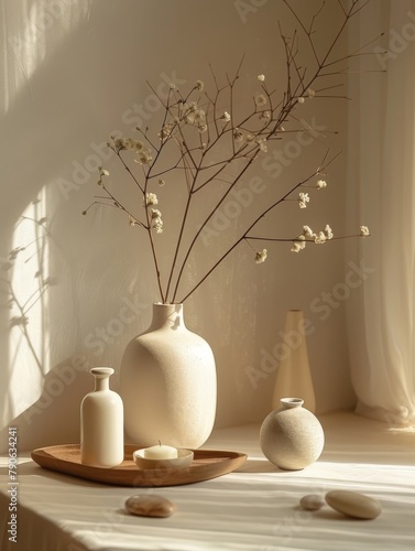 A tabletop arrangement with minimalist decor elements for creative product photography.