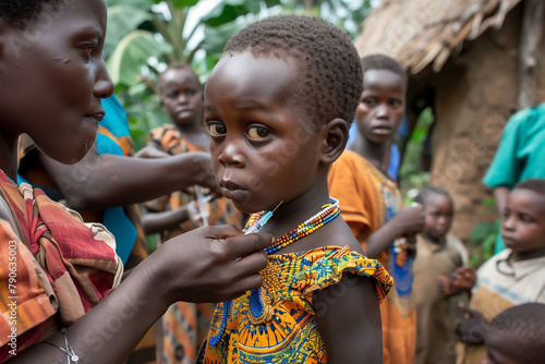 Petite fille dans un village d'Afrique qui va recevoir un vaccin, entourée d'autres enfants qui vont être vaccinés aussi. Santé mondiale photo