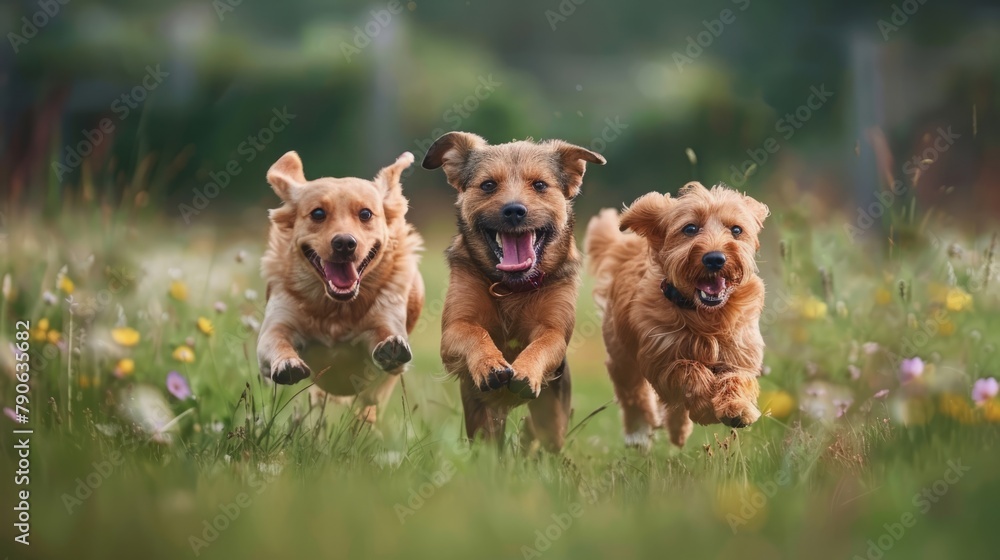 three dogs running over the meadow