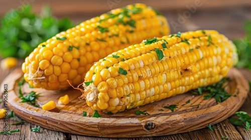 Sweet corn steamed with herbs on a wooden platter photo