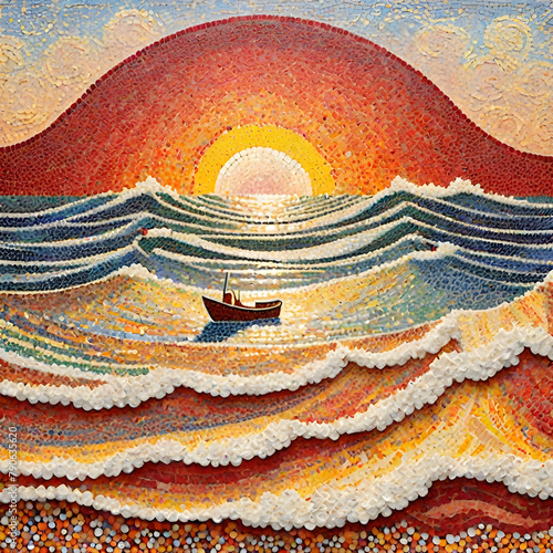 Mosaic art is a beautiful form of expression, especially when incorporating small circles to create a big, large foamy wave. The use of vibrant colors like red, orange, yellow, cream, gold, and pastel photo