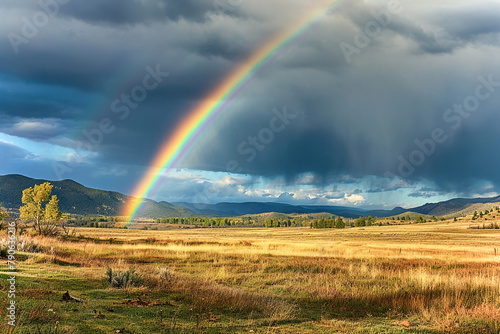 Beauty of rainbows after a storm in the nature. Tree and meadow.