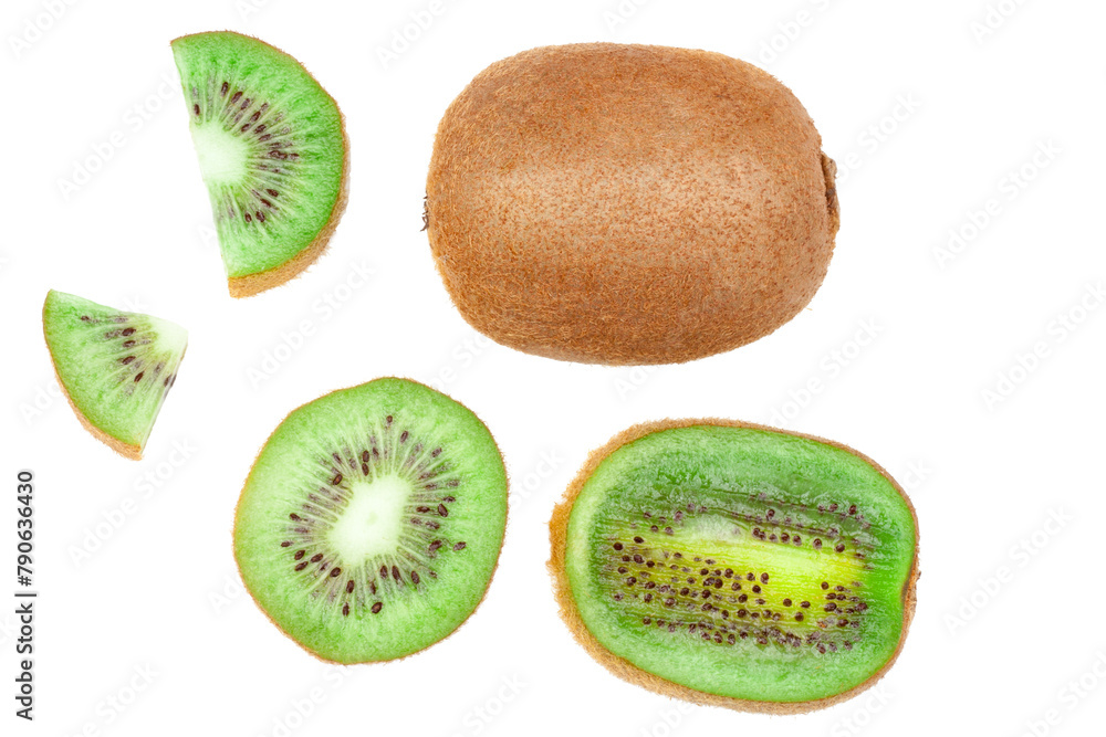 Fototapeta premium Kiwi fruit and slices isolated on a white background, top view