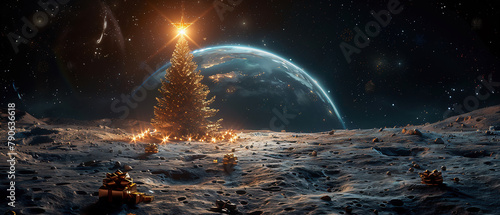 Moon surface with Christmas tree and huge gifts. Blue planet Earth visible in the distance. Christmas. Abstraction