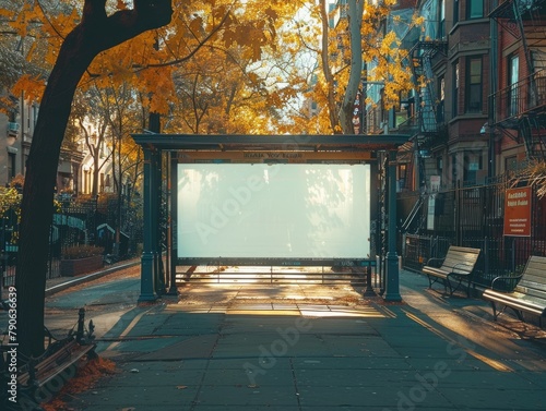 As dawn broke over the city, the abandoned bus shelter stood silent, its blank advertising billboard illuminated by the soft morning light, framed by elegant city buildings in the background.