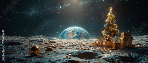 Moon surface with Christmas tree and huge gifts. Blue planet Earth visible in the distance. Christmas. Abstraction