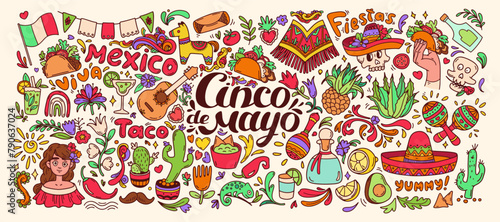 Cinco de Mayo doodle set color. Mexican food elements, traditions, plants big collection. Mexican celebration background. Guitar, sombrero, maracas, cactus and chili, taco, tequila isolated on white.
