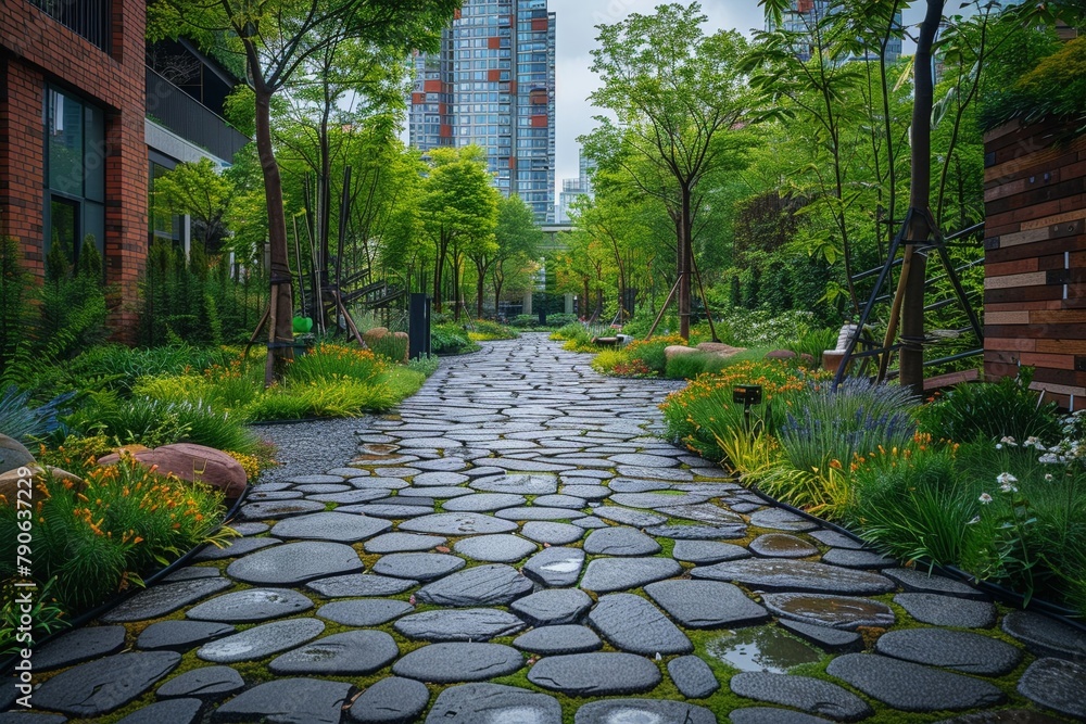 Fototapeta premium Cyber-organic gardens, blending technology with nature, peaceful retreats in urban landscapes 