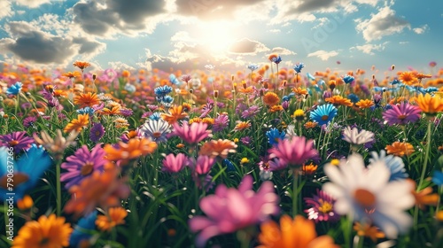 Bliss field of flowers, relaxing, calming, vivid colors. Generative AI.