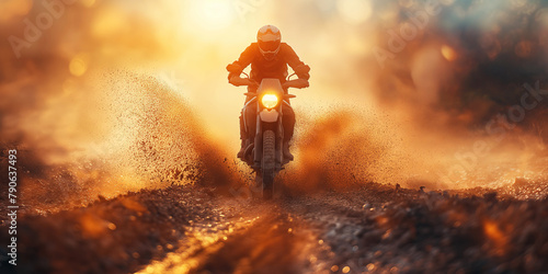 racer on sport enduro motorcycle races on dusty road at sunset in summer photo