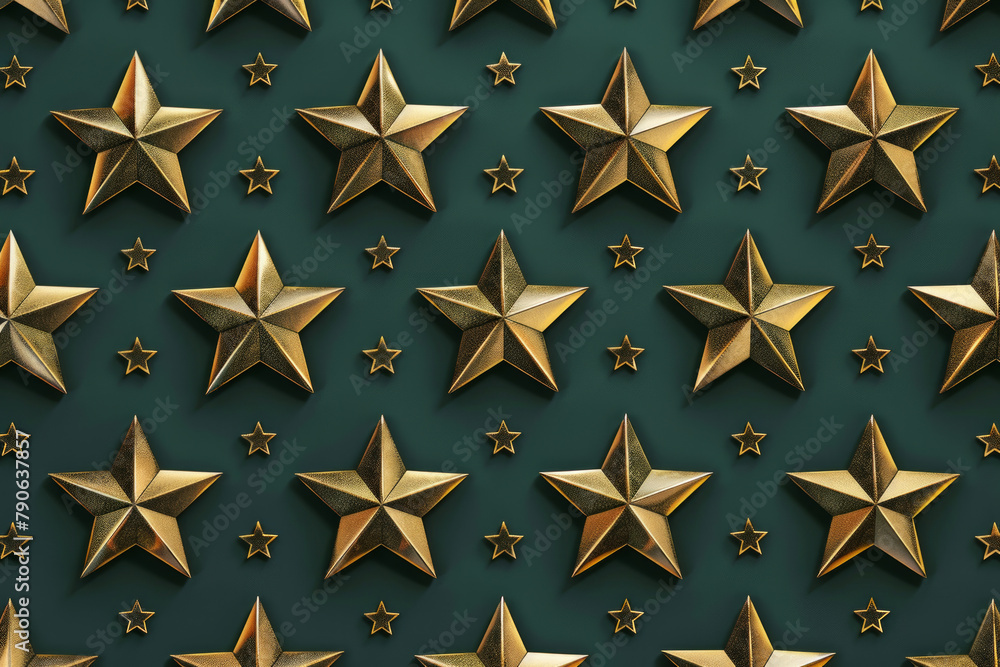Obraz premium Golden metallic stars on dark green background in elegant design