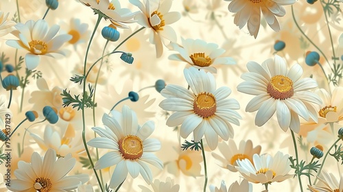 Little daisies  light yellow background  vector illustration  seamless pattern. Generative AI.