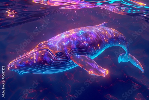 Surreal neon glowing whale, vibrant iridescent hues, enhanced by neon light, floating in a dreamy marine expanse.