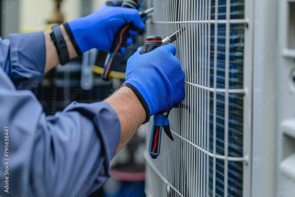 Technician repairing an air conditioner unit Technician repairing an air conditioner unit
