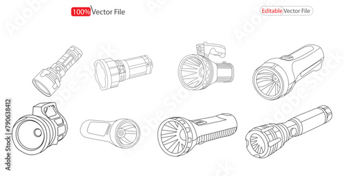 Flashlight object or design. touch light line art. Simple Set of touch light  Related Vector Line Icons.  Contains such Icons as light, outline, Power body ,  and more. Editable Stroke. 48x48 Pixel Pe