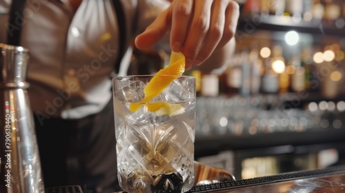 alcohol drinks, people and luxury concept - bartender with glass and lemon peel preparing cocktail at bar