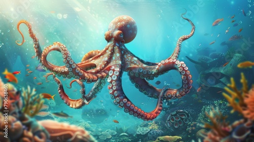 Underwater scene with an octopus rising as a leader against a backdrop of conforming sea creatures, sunny and vibrant underwater world photo
