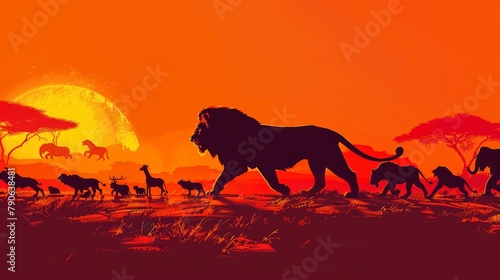 The silhouette of a tiger lion against a blazing orange dusk, leading a line of various wild animals, captures the essence of leadership and distinctiveness