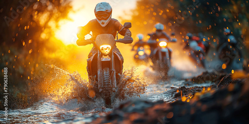 motorcycle racers on sports enduro motorcycles in off-road race riding on dirty road in forest at sunset photo
